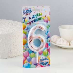 Свеча в торт "Белый мрамор", цифра "6", ГИГАНТ, 12,5 см