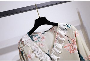 Женский костюм (блуза + штаны, цвет бежевый, с принтом)