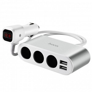 Автомобильное зарядное устройство разветвитель прикуривателя HOCO Z13 LCD one-pull-three 2*USB+3*прикуриватель, 2.1A, серебряный