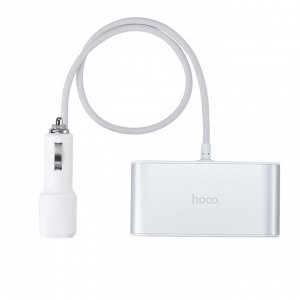 Автомобильное зарядное устройство разветвитель прикуривателя HOCO Z13 LCD one-pull-three 2*USB+3*прикуриватель, 2.1A, серебряный