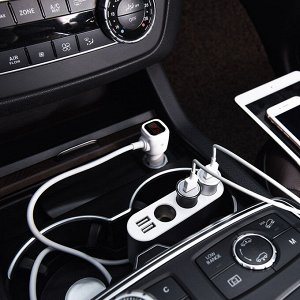 Автомобильное зарядное устройство разветвитель прикуривателя HOCO Z13 LCD one-pull-three 2*USB+3*прикуриватель, 2.1A, серебряный