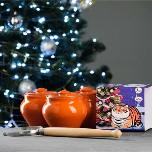 Набор горшочков новогодний "Вятская керамика" 3х0,5 л с ухватом, оранжевый