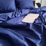 Комплект постельного белья СТРАЙП САТИН PREMIUM цвет  Синий 2 спальный с простыней на резинке