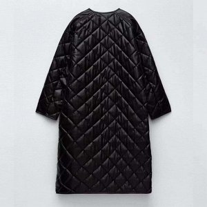 Женское стеганое пальто из экокожи, цвет чёрный