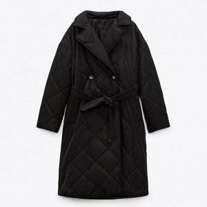 Женское стеганое пальто с поясом, цвет чёрный
