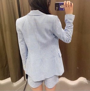 Женский клетчатый костюм, пиджак+шорты, цвет голубой