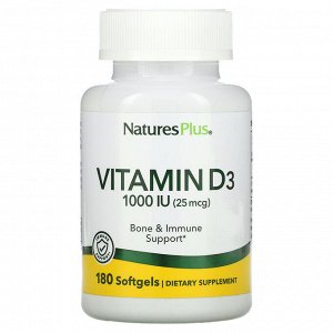 Nature's Plus, Витамин D3, 25 мкг (1000 МЕ), 180 капсул