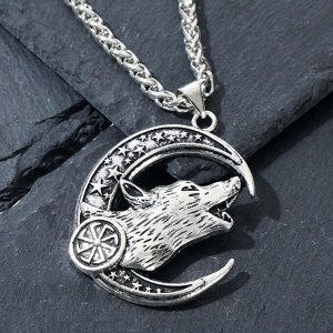 Кулон Кулон-оберег "Волк в полумесяце" коловрат, цвет чернёное серебро, 50см