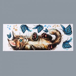 Интерьерные наклейки "Котик и бабочка" 26х64 см голубой