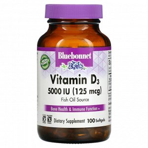 Bluebonnet Nutrition, витамин D3, 125 мкг (5000 МЕ), 100 мягких таблеток