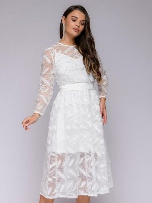 Платье белое длины миди с длинными рукавами и верхом из фатина