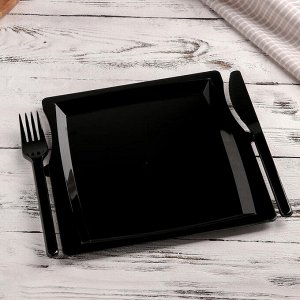Комбо-тарелка одноразовая 3 в 1: тарелка, вилка, нож, квадратная, цвет чёрный