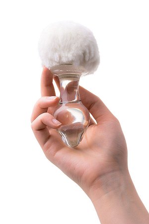Анальная втулка Sexus Glass, с белым хвостиком, стекло, прозрачная, 14 см, ? 4 см