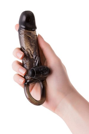 Насадка на пенис XLover by TOYFA, с кольцом и вибрацией, TPE, черный прозрачный, 14.5 см