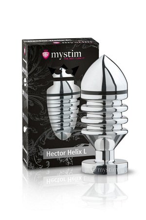 Анальная пробка Mystim Hector Helix L, электростимуляция, хирургическая сталь, серебряная, 11,5 см,