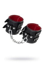 Наручники с двумя ремнями и краснои? подкладкои? Pecado BDSM, натуральная кожа, черные