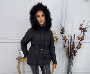 Женская Одежда 19001 "Парка - Однотон - Завязки Пояс" Черная