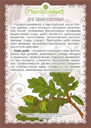 Дуб (кора) Дуб обыкновенный  (черешчатый), на латыни Quercus robus L.

Мощное, красивое, высокорослое дерево семейства буковых, достигающее иногда возраста 1000 и более лет.

В качестве лекарственного