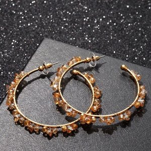 Серьги-кольца "Природа" кристаллы бусинки, d=6 см, цвет коричнево-бежевый в золоте
