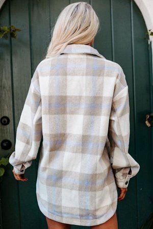 Gray Plaid Print Pocket Women Shacket