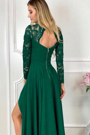 Зеленое асимметричное кружевное вечернее платье с V-образным вырезом и открытой спиной