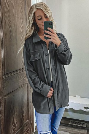 Gray Turn Down Collar Buttoned Shirt Jacket