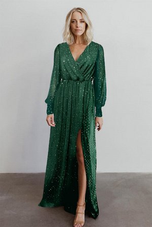 Зеленое платье макси с V-образным вырезом и стразами