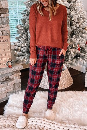 Solid Long Sleeve Top and Plaid Pants Loungewear