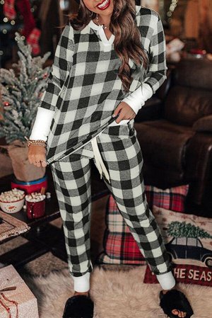 Black Christmas Plaid Print Long Sleeve Top and Pants Lounge Set