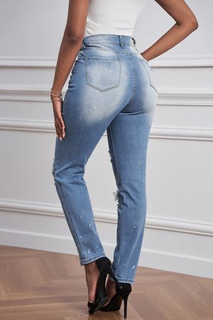 Голубые потертые прямые джинсы с дырками и высокой талией