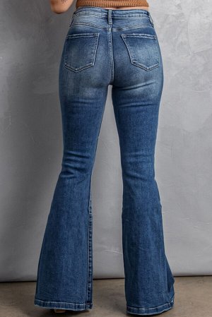 Голубые потертые джинсы-клеш с высокой талией