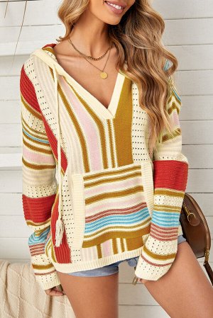 Оранжевый вязаный свитер-худи с разноцветным полосатыми вставками