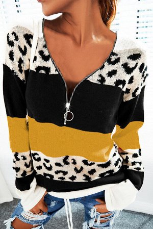 Желто-черный свитер с V-образным вырезом на молнии и леопардовым принтом
