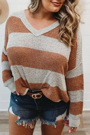 Коричнево-белый полосатый вязаный пуловер-свитер с V-образным вырезом
