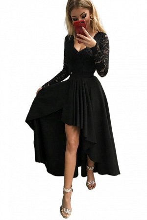 Черное асимметричное кружевное вечернее платье с V-образным вырезом и открытой спиной