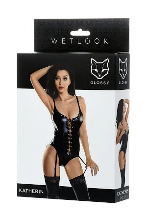 Боди Glossy KATHERIN из материала Wetlook на шнуровке, черное, S