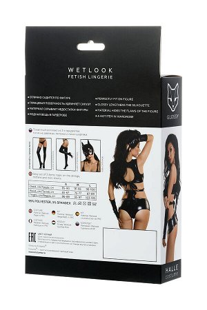 Комплект Glossy из материала Wetlook (топ, мини-шорты и перчатки), черный, М