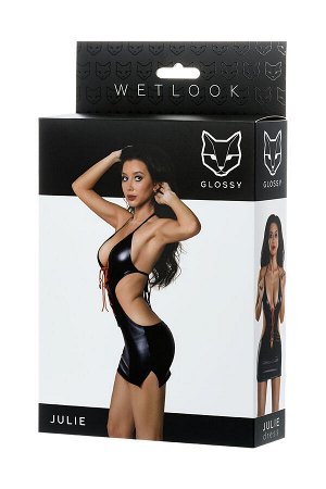 Платье Glossy JULIE из материала Wetlook с красной шнуровкой, черный, L