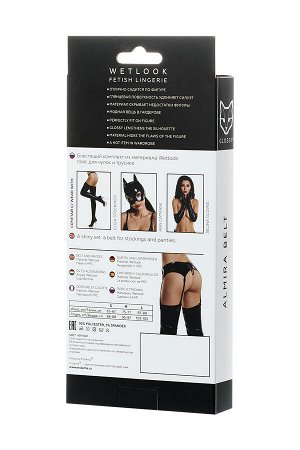 Комплект Glossy ALMIRA из материала Wetlook (пояс с пажами для чулок и трусики), черный, S