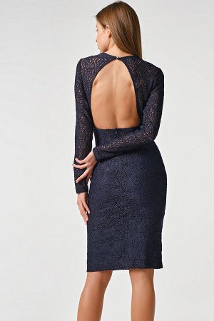 Платье кружевное облегающее короткое с рукавами темно-синее