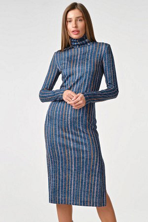 Платье трикотажное миди с длинным рукавом в полоску на синем