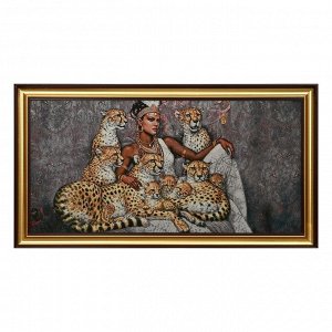 R203-40х80 Картина из гобелена "Семейство леопардов и негритянка" (48х87)
