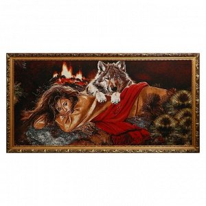 R082-60х120 Картина из гобелена "Девушка и волк у костра" (65х125)