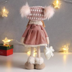 Кукла интерьерная "Малышка с хвостиками, розовое платье в клетку и шапке, с сердцем" 38,5 см   62601