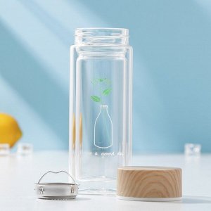 Бутылка двойное стекло «Воздушность», с ситом, 300 мл, h=18,5 см, рисунок МИКС