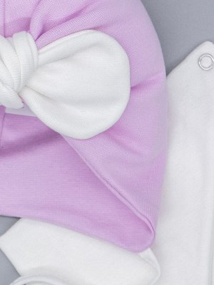 Чалма-тюрбан для девочки на завязках, молочный бант + нагрудник, лиловый