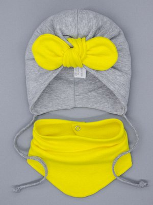Чалма-тюрбан для девочки на завязках, желтый бант + нагрудник, серый