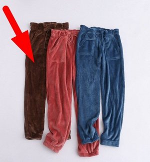 Женские домашние плюшевые брюки на завязках, цвет коричневый