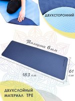 Коврик для йоги TPE  183*61*06 см 2-х слойный сине-голубой
