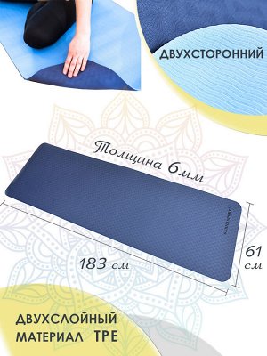 Коврик для йоги TPE  183*61*06 см 2-х слойный сине-голубой